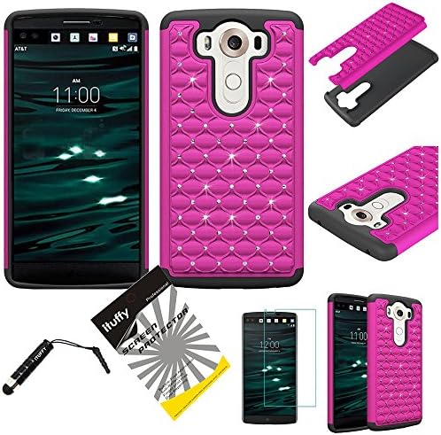 For LG V10 / ITUFFY 3items Combo: Stylus Pen + LCD Screen Protector Film + Diamond Dazzle Rubberized Hard Plastic + Soft Rubber TPU Skin Dual Layer Tough Hybrid Case (Dazzle Hot Pink)