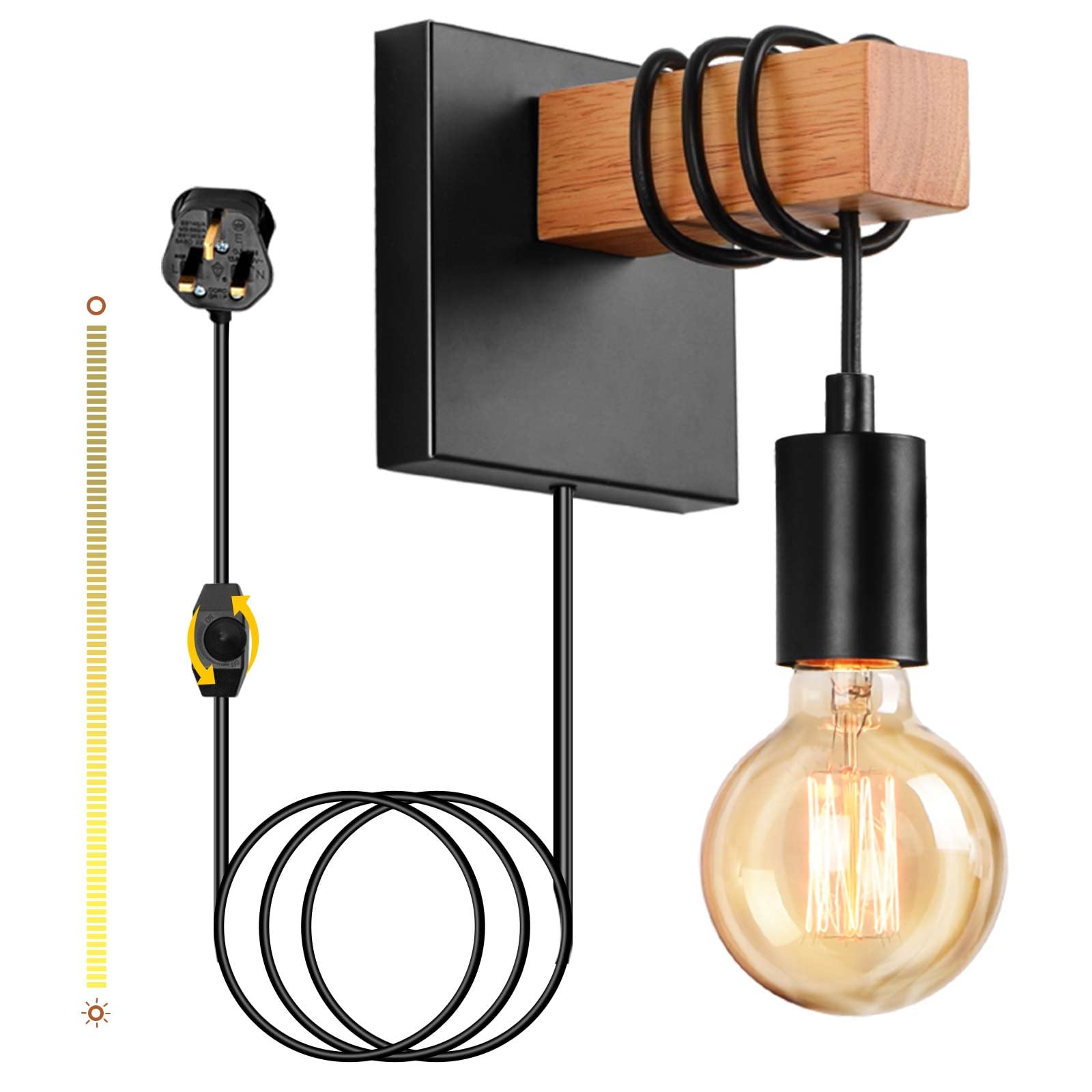 Lightess Industrial Dimmable Wall Light Plug in Stepless Dimming Wall Lamp with Switch Metal Wooden Wall Sconce Indoor E27 Base Wall Lighting Fixture for Living Room Bedroom Restaurant Pub - Black