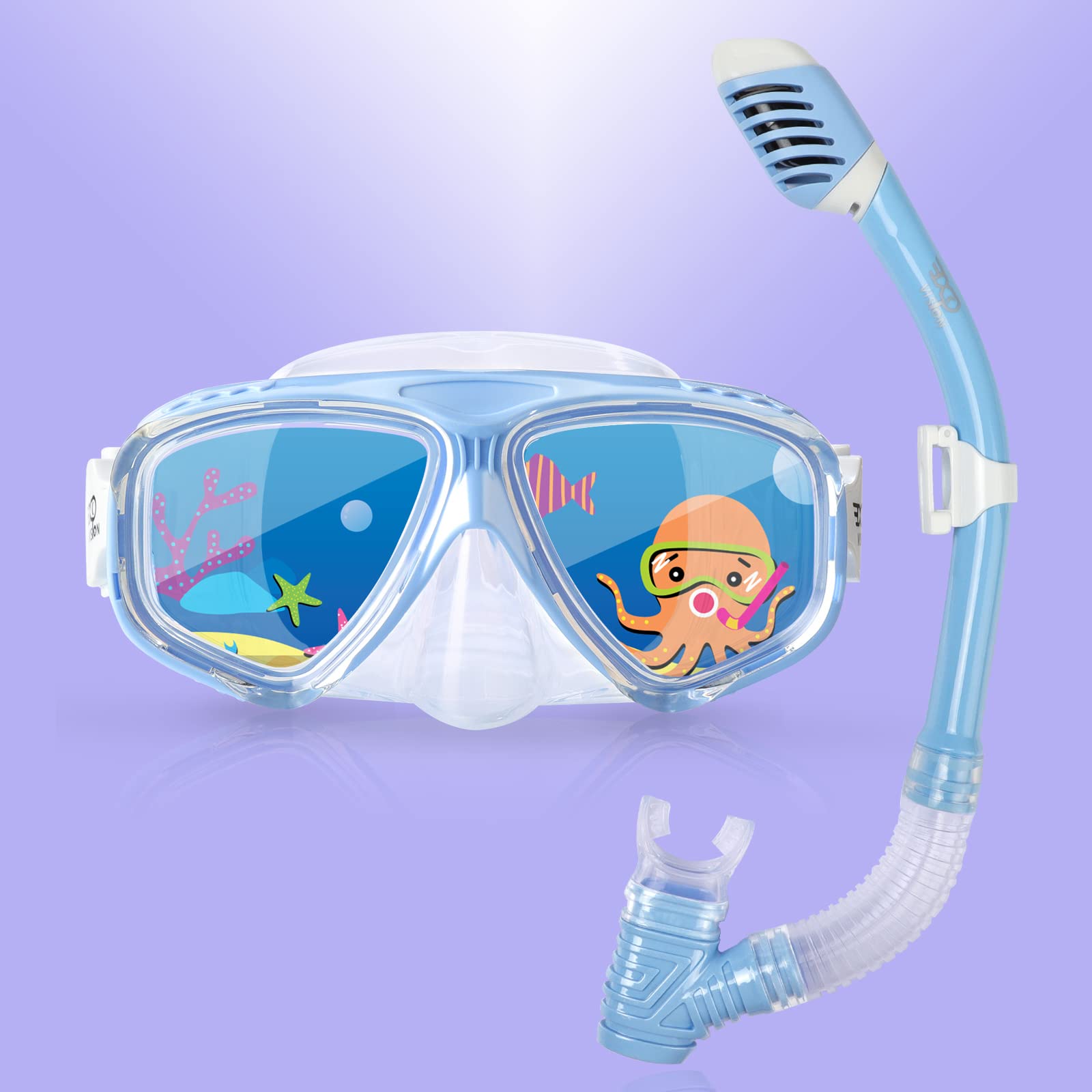 Kids Snorkeling Diving Mask, Unisex-Child 180°Panoramic View Anti-Fog Diving Mask for Boys Girls Swim Goggles with Nose Cover, Snorkeling Gear for Junior (Blue Set)