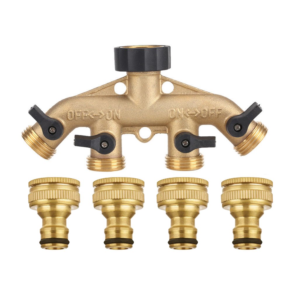 NUZAMAS 4 Way Solid Brass Hose Splitter 4-Way Hose Connector With Shut Off Valves, 3/4" Tap & Outlets, Use Up To 4 Hoses At Once