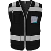TCCFCCT Mesh Reflective Safety Vest 5 Pockets High Visibility Safety Vest for Men Women, Work Vest with Horizontal Strip for Walkie-talkie, Durable and Fashion, Meets ANSI/ISEA Standards, Black, L