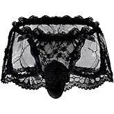 ChiaoLezhee Mens Lace Sexy Underwear, Sissy Pouch Panties Femboy For Men, Low Rise Bow Lingerie Fits 34-42, Sheer Girly