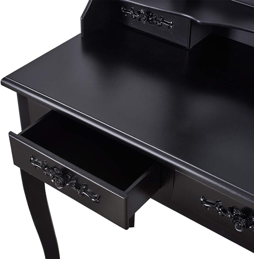 Modern Dressing Table With Stool 5 Drawers And Oval Mirror Wood Makeup Vanity Dresser Set Girls Bedroom Desk Black Dressing Tables