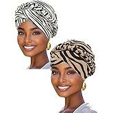 Woeoe 2 Pieces African Turban Head Wraps Leopard Print Chemo Hat Cap Braid Pre-Tied Head Cover Cap Headwear for Women Beige