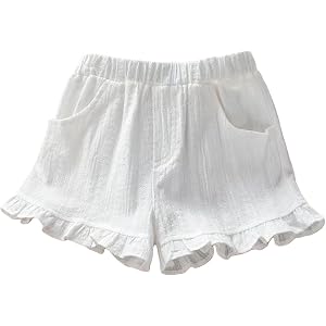 Girls Cotton Linen Shorts Ruffled Trim Elastic Waist Casual Bow Pants Kids Summer Breathable Lightweight Bottoms