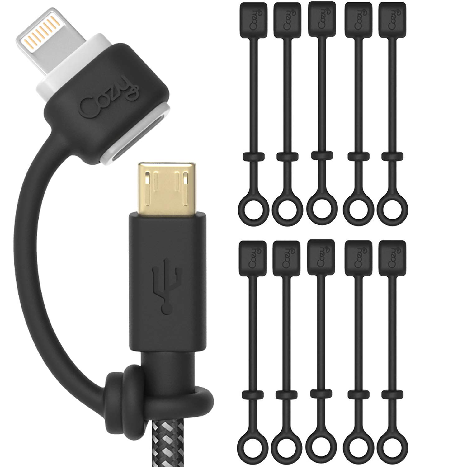 [10-Pack] Charging Cable Keeper/Holder/Adapter Tether, Compatible with Micro USB adapters, Apple Pencil USB-C Adapter | Perfect for Keychain, Car, Travel (Black - 10 Pack)