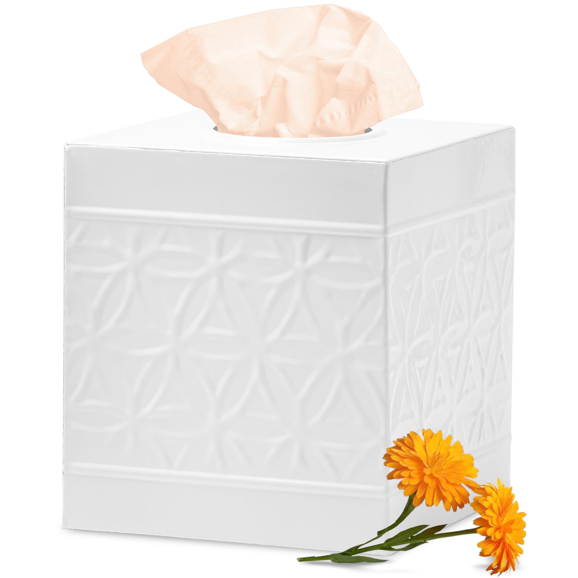 Photo 1 of Autumn Alley White Tissue Box Cover Square, White Bathroom Accessories, Decorative Tissue Holders for Bathrooms, Bedroom, Kitchen with Embossed Pattern Tissue Holders Decorative, Modern, White