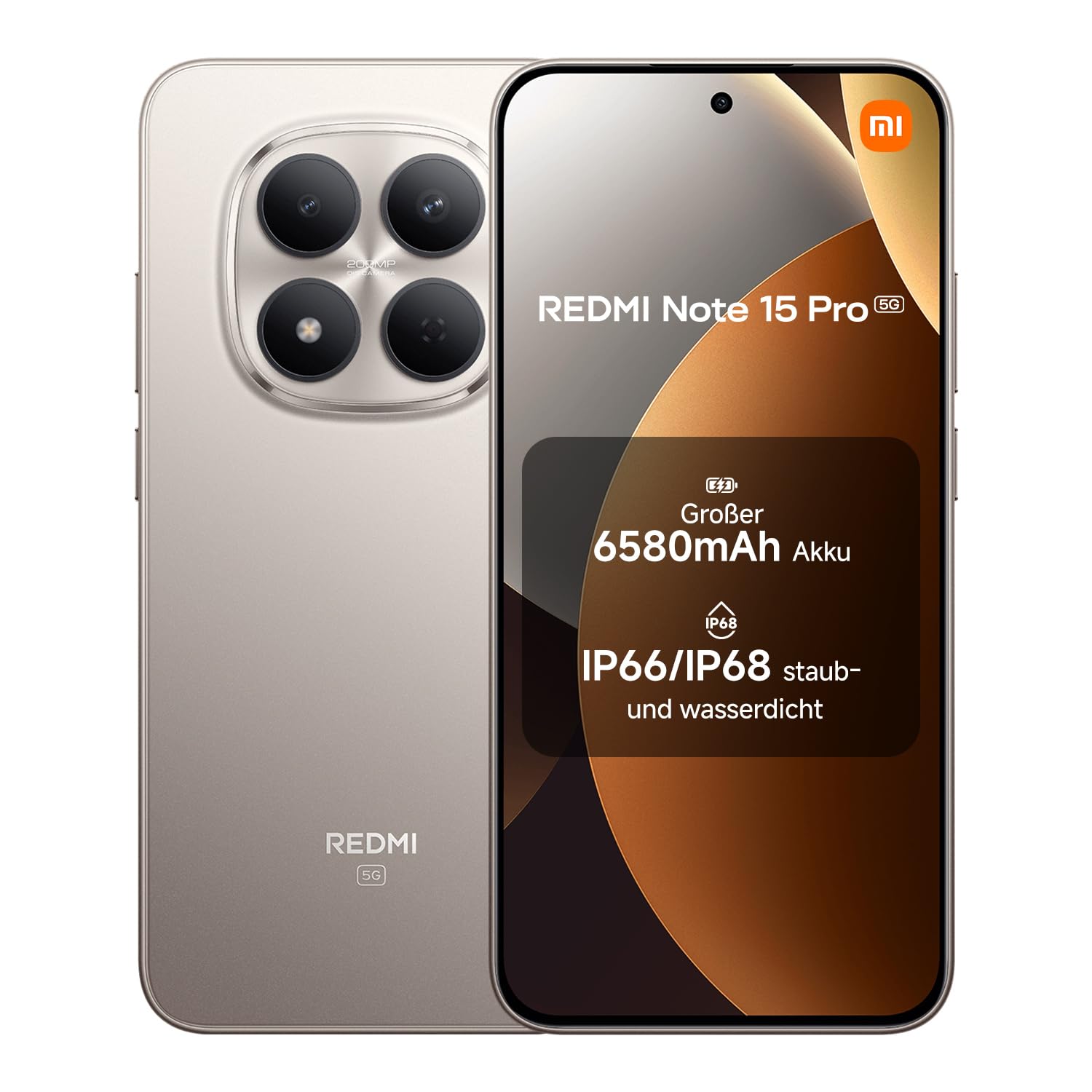 XIAOMI Redmi Note 15 Pro 5G Smartphone (8+512 GB) – 6580-mAh-Akku, IP66/IP68 Staub- und Wasserschutz, Neue 200-MP-Kamera, 6,83" AMOLED-Display, Titanium, 2 Jahre Garantie