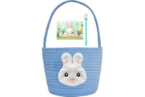 CUSPRTM Easter Basket, Easter Bunny Gift Basket for Kids, Handmade Cotton Woven Egg Hunts Basket for Girls & Boys, Easter Gifts Storage Perfect for Toddlers, Includes Easter Card & Pen (Blue)