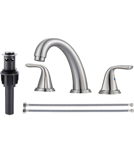 Grifo Para Baño AIMOYO Grifo De Lavabo De Baño De 2 Manijas De 8 Pulgadas, Grifo De Baño Negro Mate De 3 Agujeros Con Boquilla Giratoria De 360°, Drenaje Desplegable Y Arco