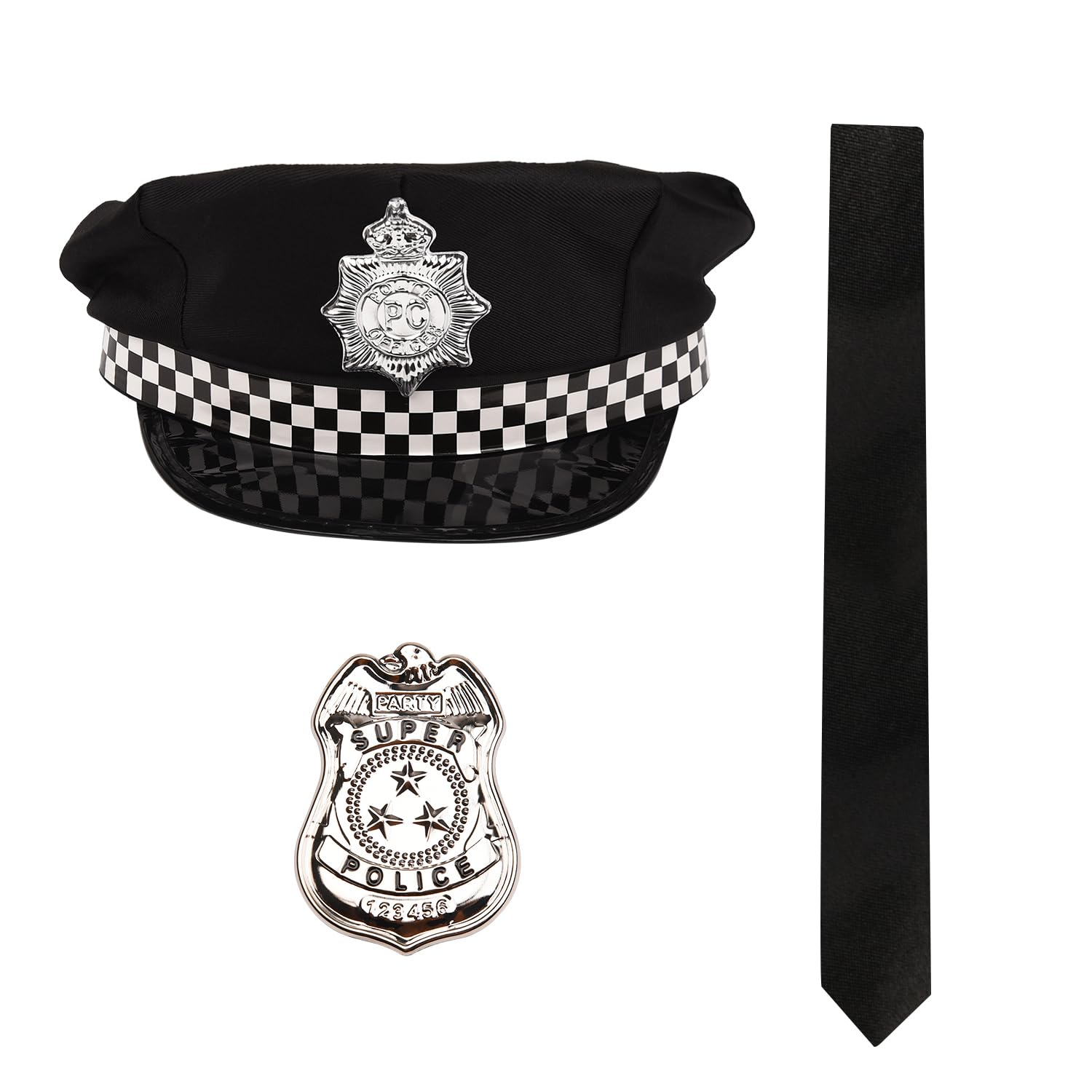 NAUZE 3 Pieces Police Fancy Dress Accessory Police Hat Badge and Black Tie for Halloween Police Officer Costume Accessories