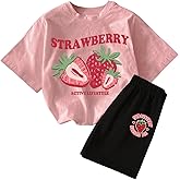 SweatyRocks Girl's 2 Piece Outfits Strawberry Graphic Short Sleeve Tee and Shorts Set Sweatsuit