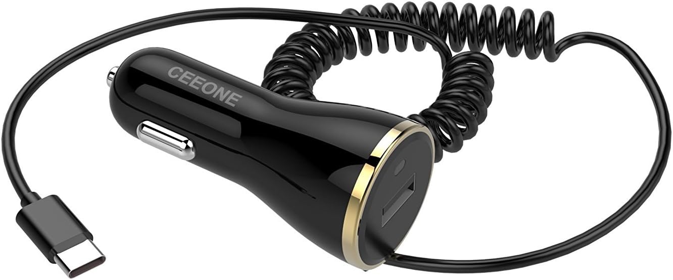 Samsung Galaxy Note 8 USB Type C Car charger, CeeOne Universal USB 12W Car Charger with Built-in 6ft USB C Cable for Samsung Galaxy Note 8, Galaxy S8 / S8 Plus, Google Pixel, Nexus 6P / 5X and More (Black+Gold Edge)