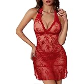 Kolagri Womens Sexy Lace Lingerie Deep V Neck Babydoll Chemise Halter Backless Mesh Sheer Sleepwear Dress Nightgown