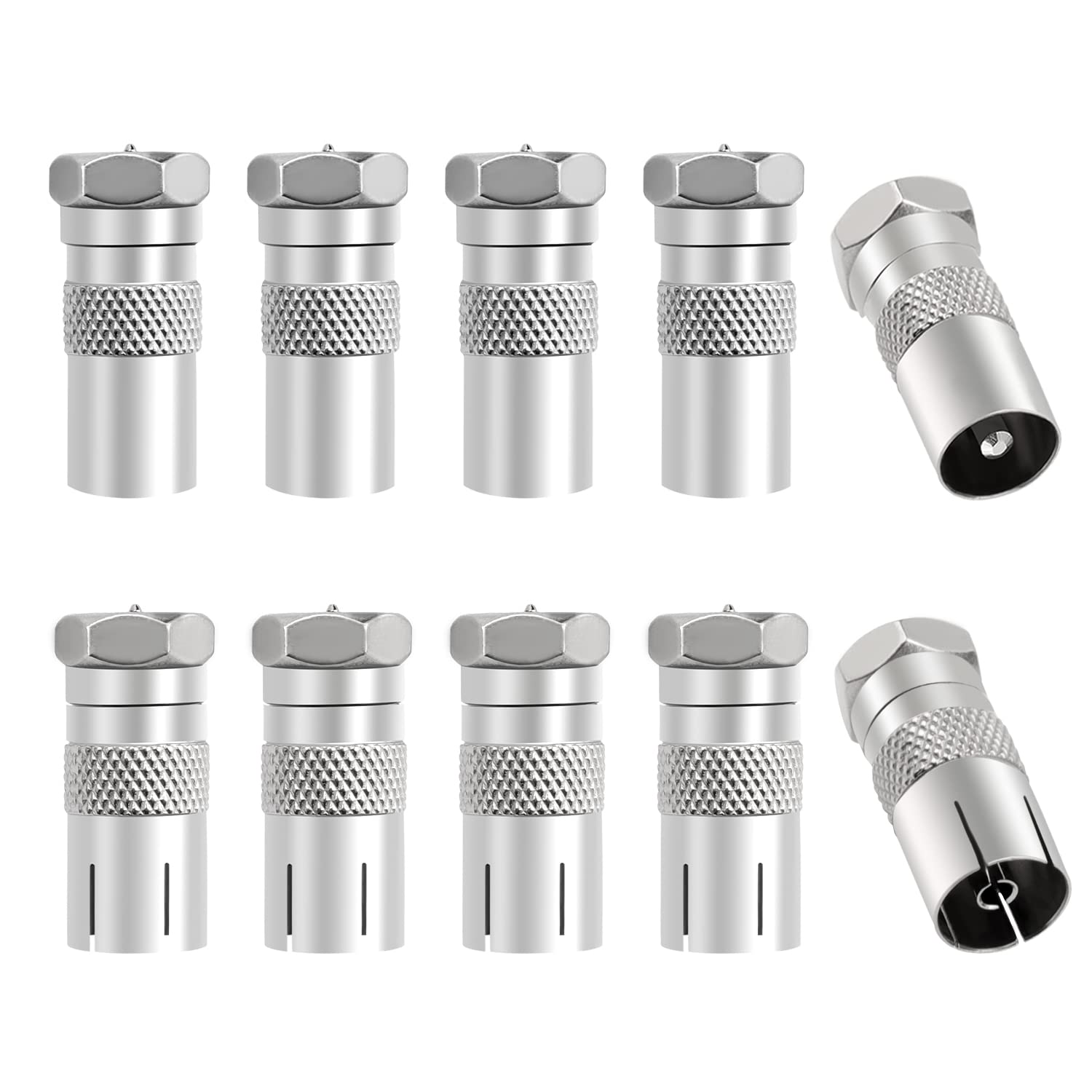 10 PCS F Male Plug to RF Male & Female Coaxial Aerial Adapter, KUOQIY TV 9.5 5 Male & 5 Female to F-Type Male Converter, F Type Screw Male Connector to RF Aerial Converter, Nickel-Plated