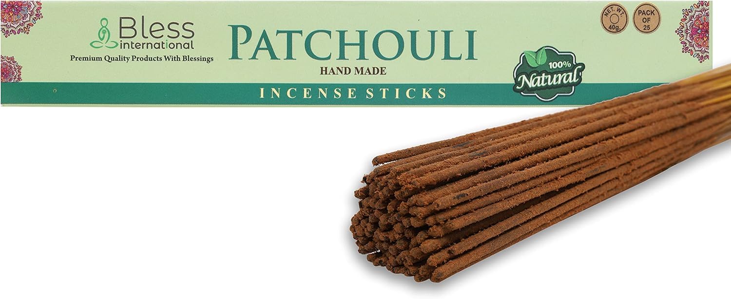 Bless-Patchouli-Incense-Sticks 100%-Natural-Handmade-Hand-Dipped Organic-Chemicals-Free For-Purification-Relaxation-Positivity-Yoga-Meditation The-Best-Woods-Scent (25 Sticks (40GM))