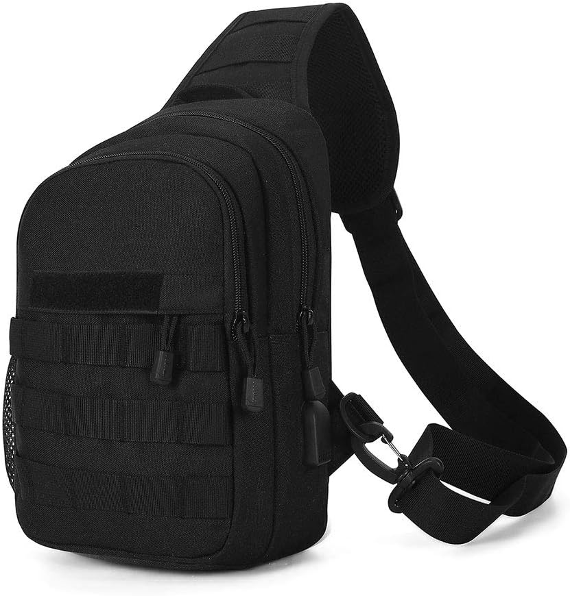 HUNTVP Tactical Chest Bag Molle Chest Sling Pack Backpack with Water Bottle Holder Pouch/USB for Hiking Cycling Gym School Dog Walking Outdoors(Type3-black)