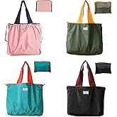 XKE-X 4PC Foldable Reusable Shopping Bags 210D Nylon Waterproof Travel Grocery Tote with Drawstring Mouth & Reinforced Handle