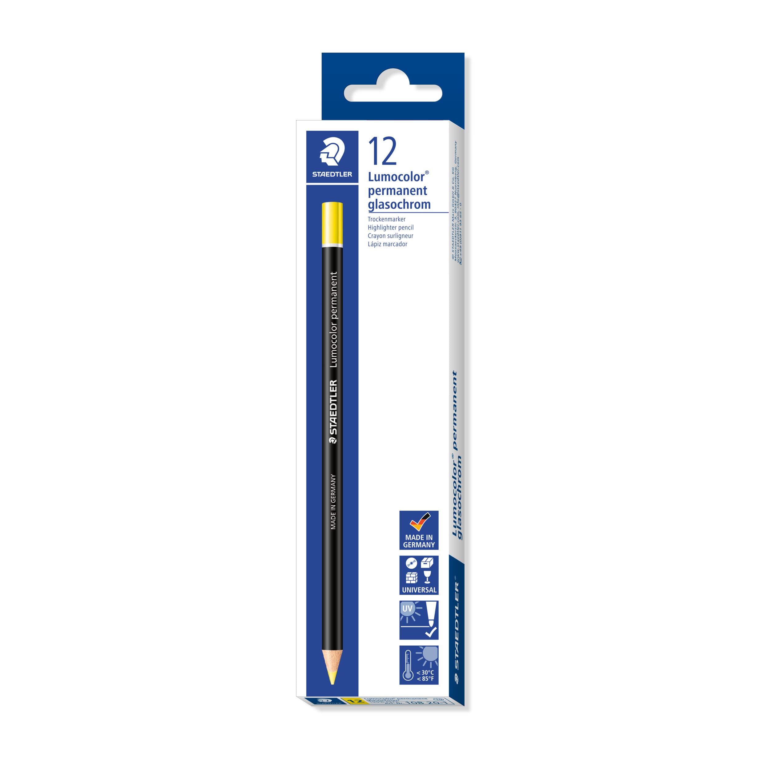 STAEDTLER 108 20-1 Lumocolor Glasochrom Permanent Dry-Marker Pencil - Yellow (Box of 12)