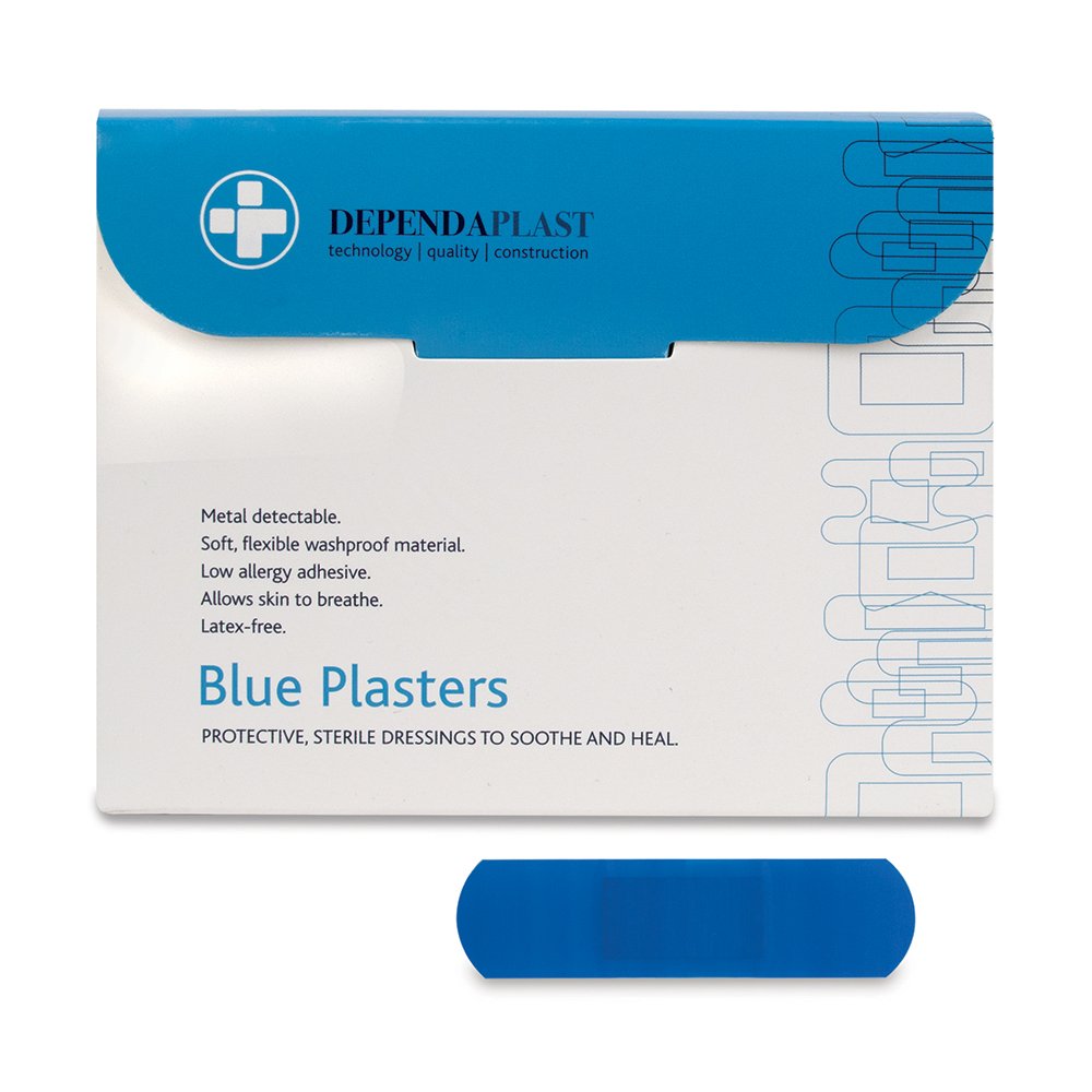 Dependaplast Food Area Blue Plasters With High Visibility And Metal Detection Properties, Easily Detectable, Individually Wrapped 7.5 cm x 2.5 cm, Blue (Pack of 100)