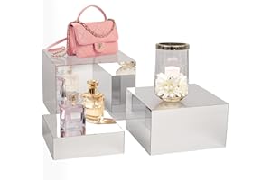 NGDILUXURY 3Pcs Buffet Risers,Mirror Acrylic Risers Display Stands Food Display Risers for Party Buffet Table Acrylic Risers Boxes for Display Catering Dessert Jewelry Collectibles Nesting Cube Silver