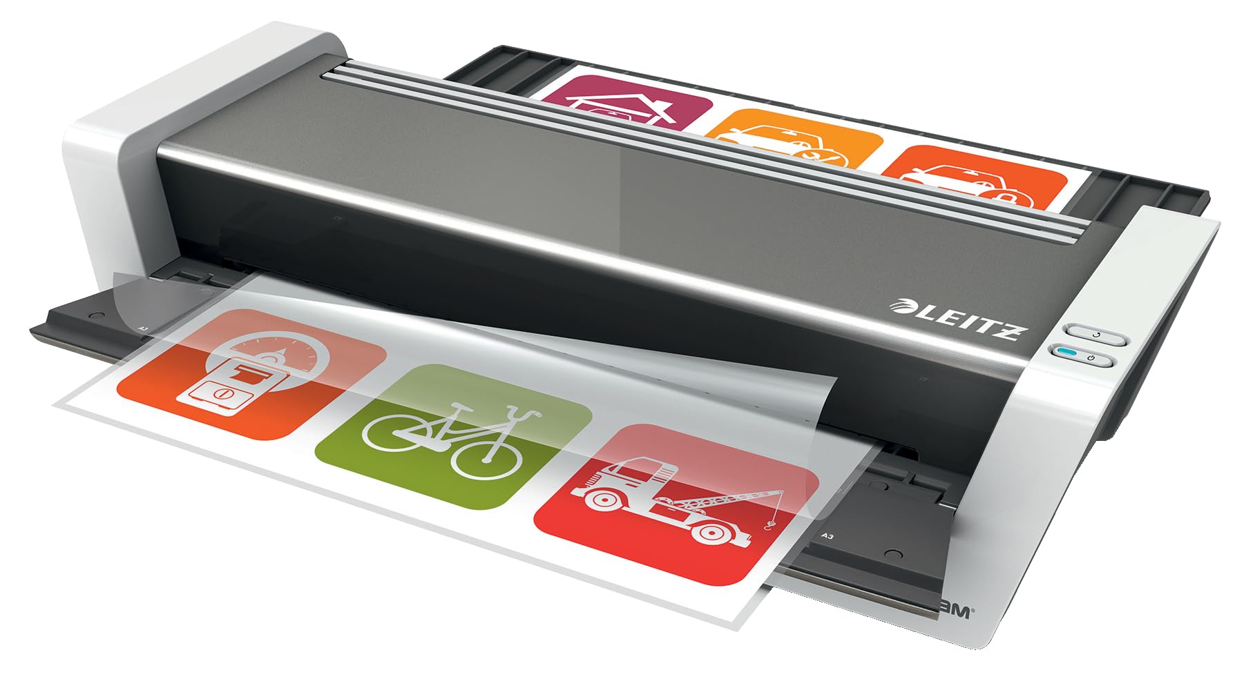 Leitz A3 laminator, Touch 2, fully automatic high-speed premium laminator for office and school, for 80 to 250 mic laminating films, incl. laminating pouches starter kit, white/grey, iLAM, 74744000