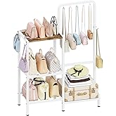 Whoonba Floor-Standing 3-Tier Purse Organizer, High-Capacity Bag Holder with 8 Hooks, Multi-Functional Purse Rack for Various Bags, Handbag Display Stand Shelf for Closet, Bedroom, Entryway, White