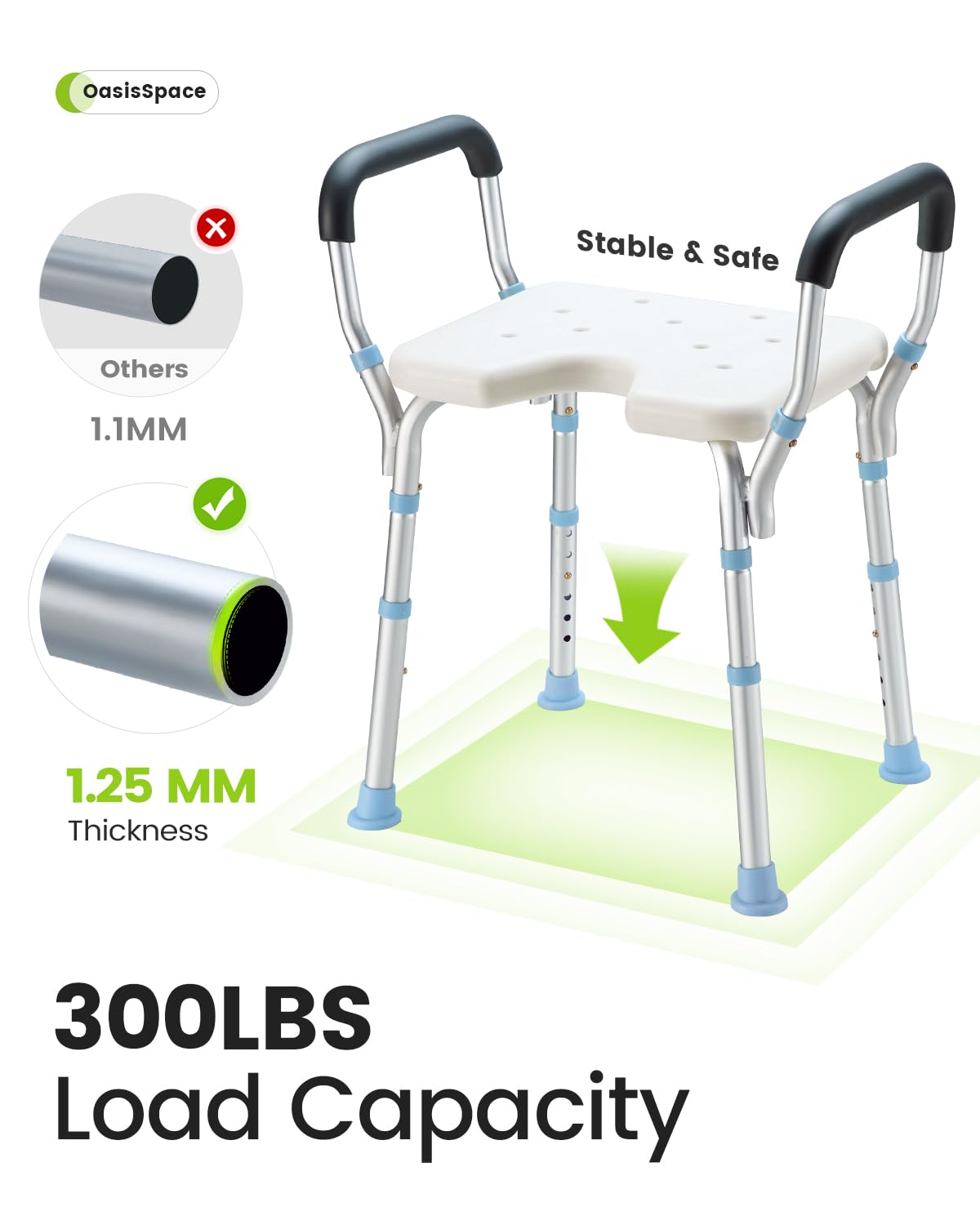 OasisSpace Adjustable Shower Chair with Arms for Inside Shower, Heavy Duty Shower Bench with Cutout Seat 300lbs, Medical Tool Free Bathtub Stool for Seniors, Elderly, Handicap, Disabled