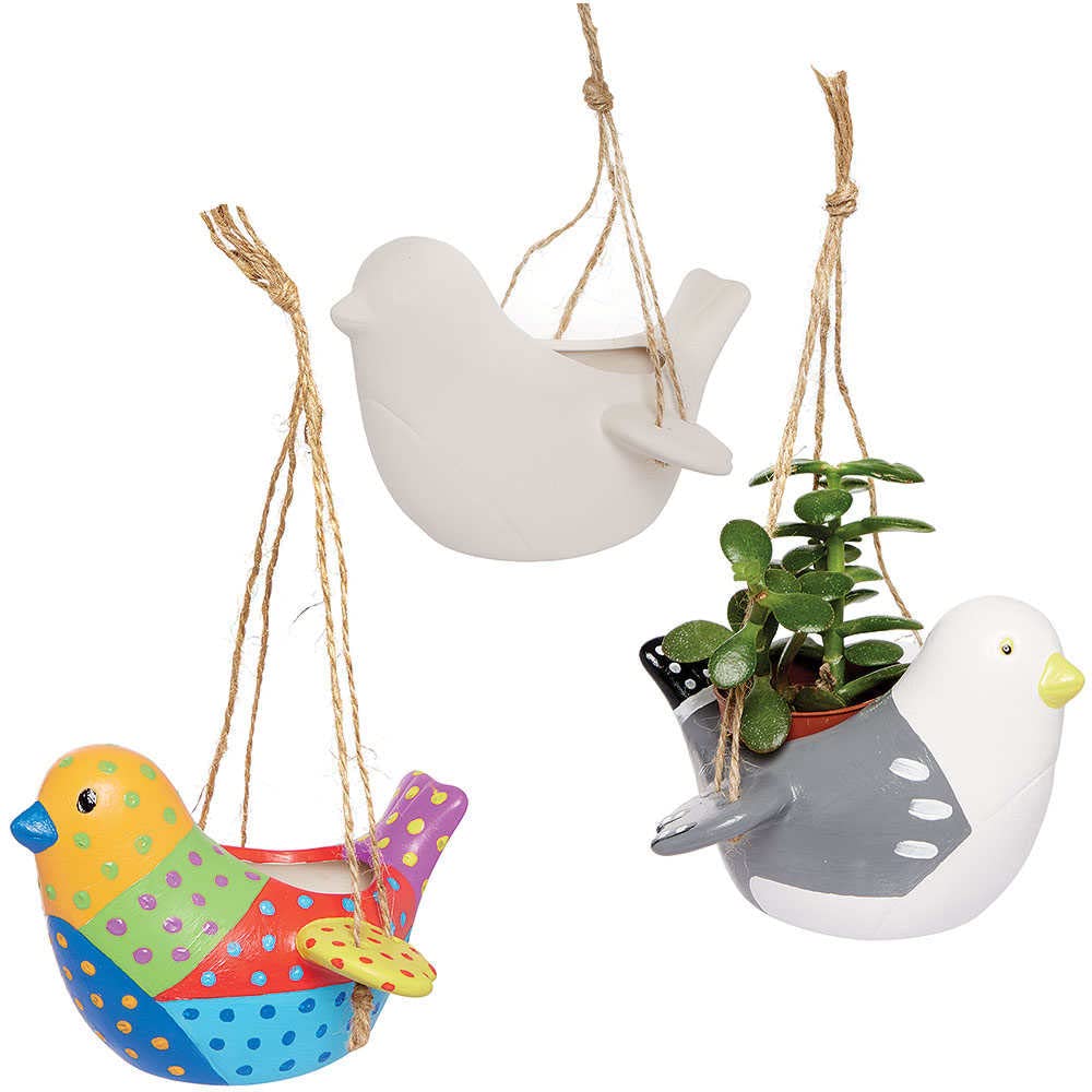 Baker Ross FC690 Bird Ceramic Hanging Flowerpots - Box of 3, Craft Kits for Kids, Plant Pot Painting, Ceramics Crafts