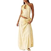 Flowy Maxi Skirt Sets for Women 2 Piece Sexy Long Skirt Halter Tank Tops Set Two Piece Going Out Set Vacation Outfits