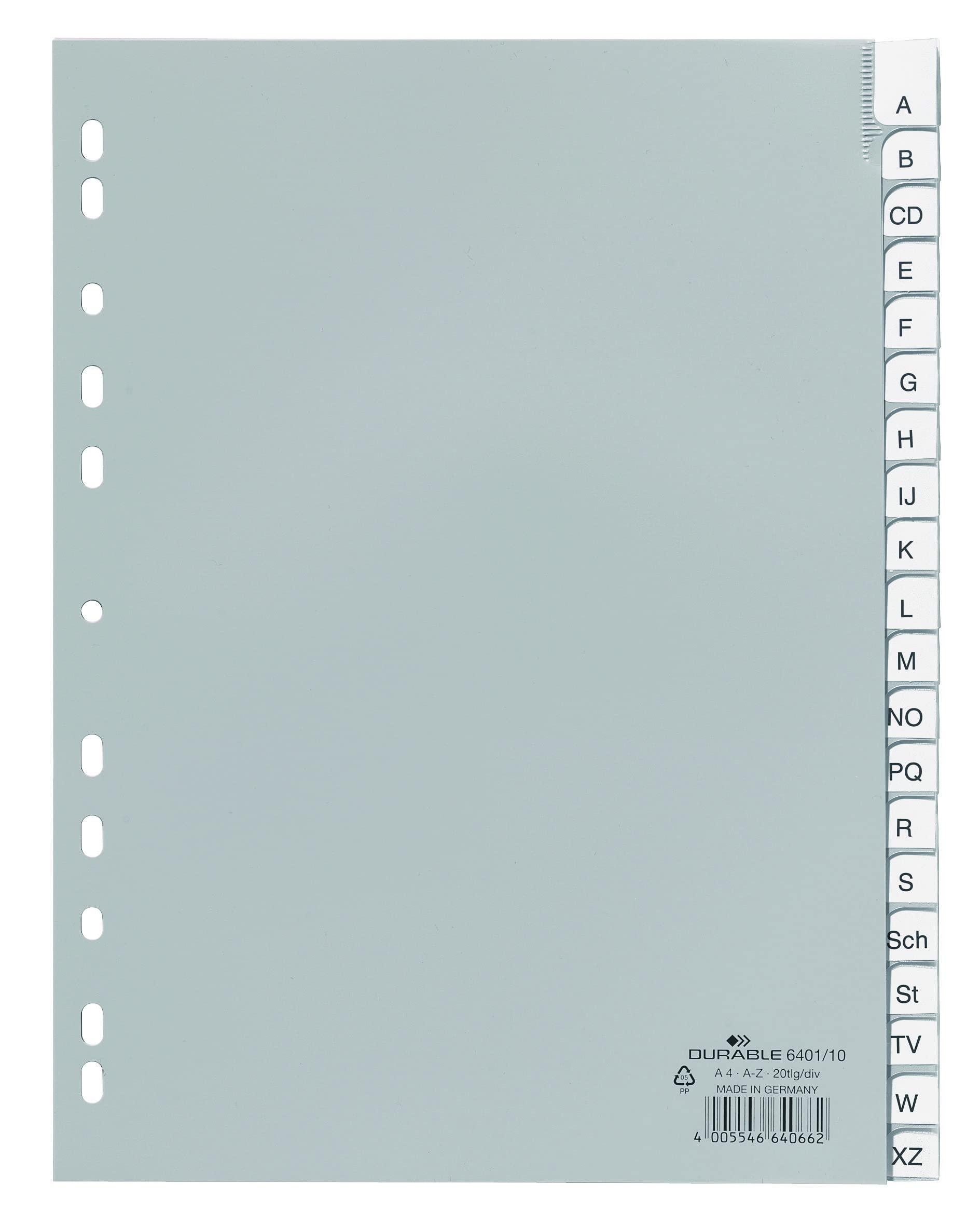 Durable 640110 Polypropylene A-Z Index File with 20 Pre-Inserted Printed Inserts for A4 Sheets - Grey