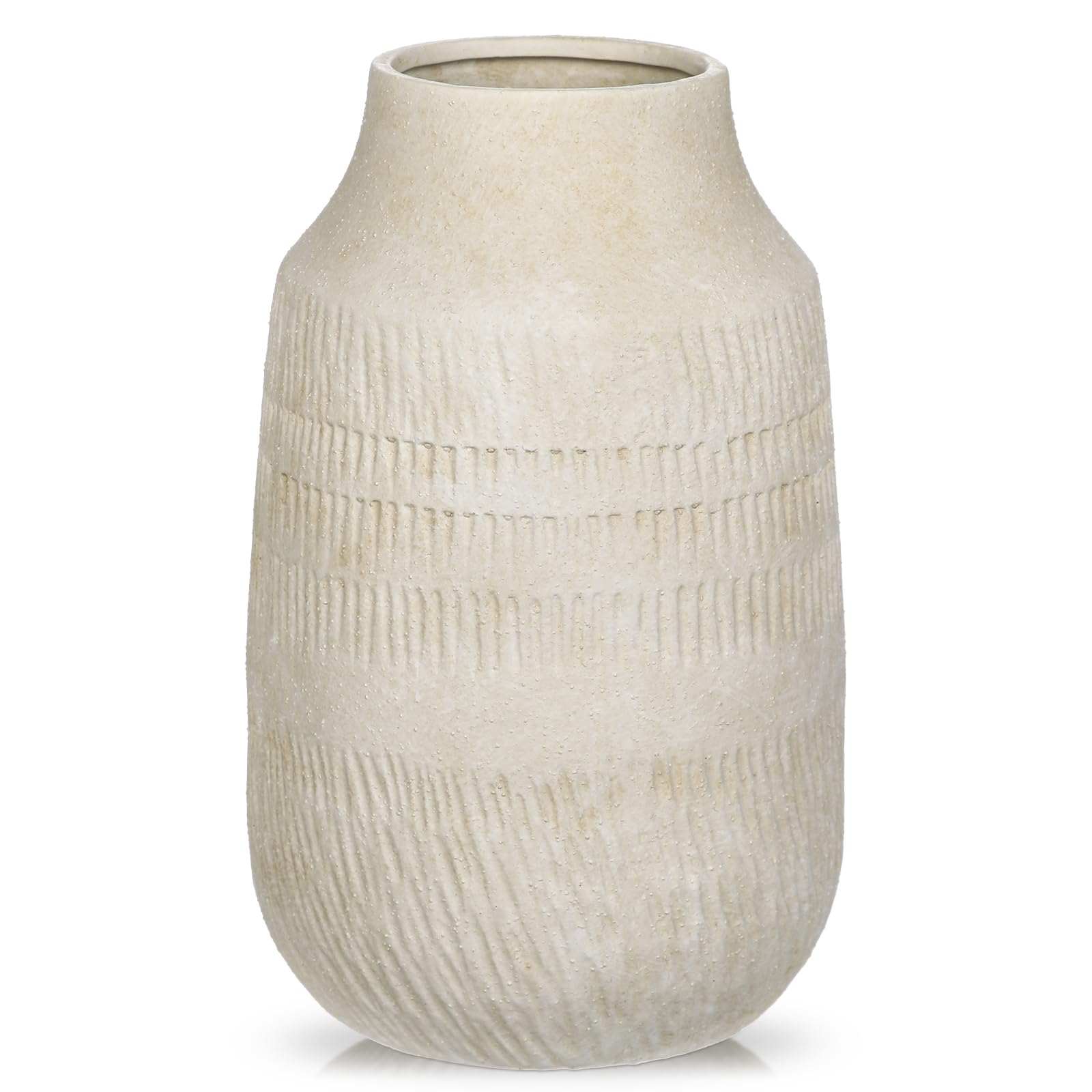Photo 1 of 11" Rustic Ceramic Vase with Irregular Flutes Texture & Sand-Grain Surface, Antique Vase for Pampas & Vibrant Flowers, Warm-Toned Style, Beige White