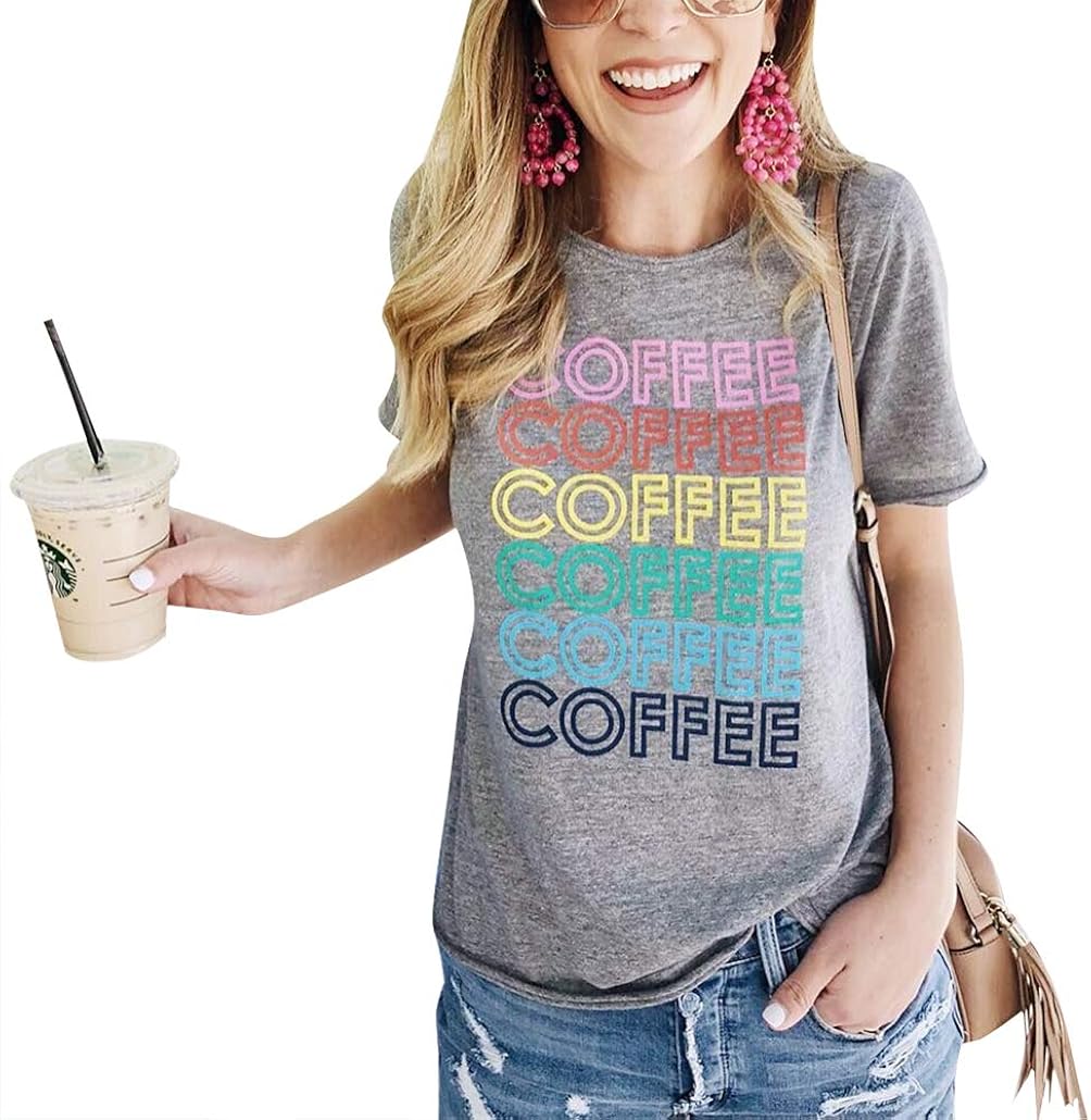Coffee T Shirts for Women Coffee Coffee Coffee Letters Print Shirt with Funny Sayings Casual Tee Tops