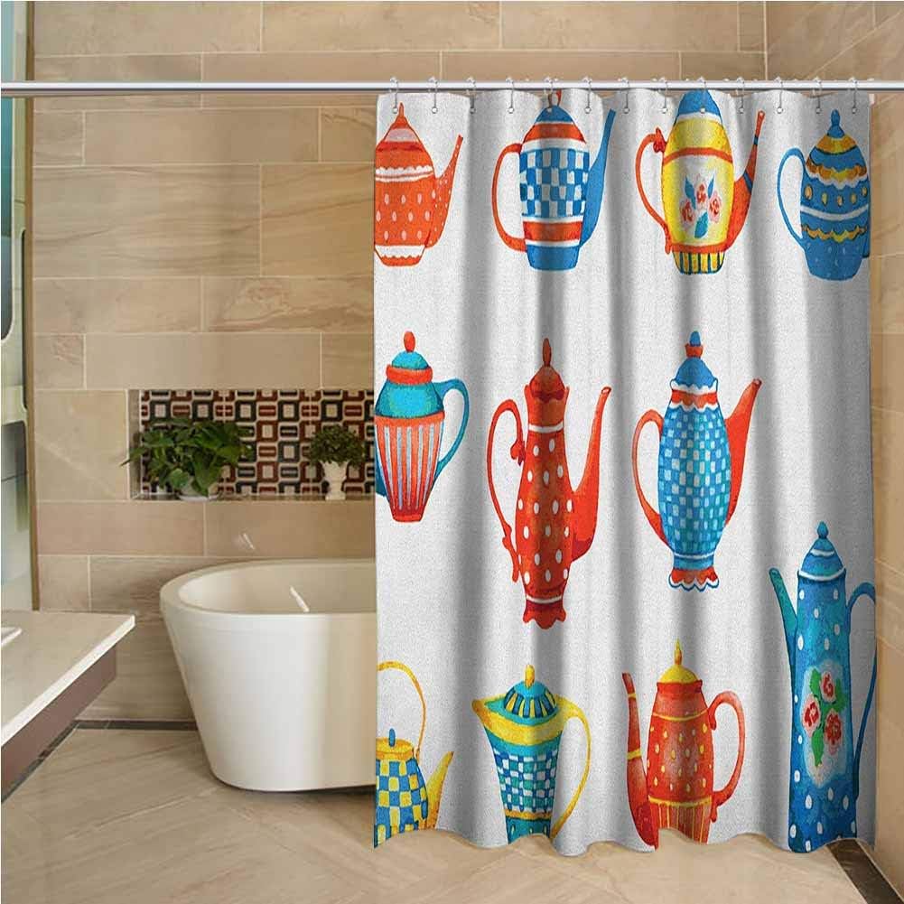 Lohebhuic Tea Party Professional Shower Curtain Colorful Teapots Various Shapes Sizes Breakfast Ceramic Cute Design Decorative Bathroom Curtains W63 x L70 Inch Blue Vermilion Yellow