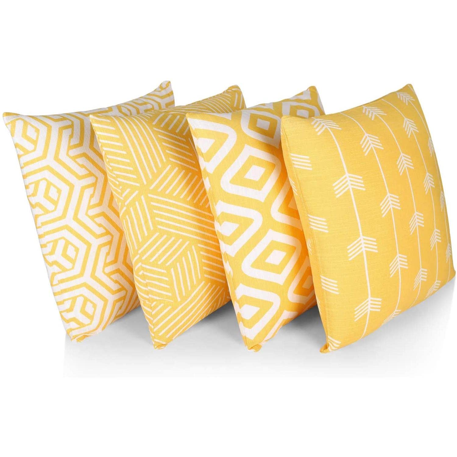 Penguin Home Set of 4 100% Slub Cotton Fabric Cushion Covers 45cm x 45cm Double Sided Square Pillow Covers with Invisible Zipper Pillow Cases for Living Room, Bedroom, Sofa (Yellow/White Mix) โ image 1