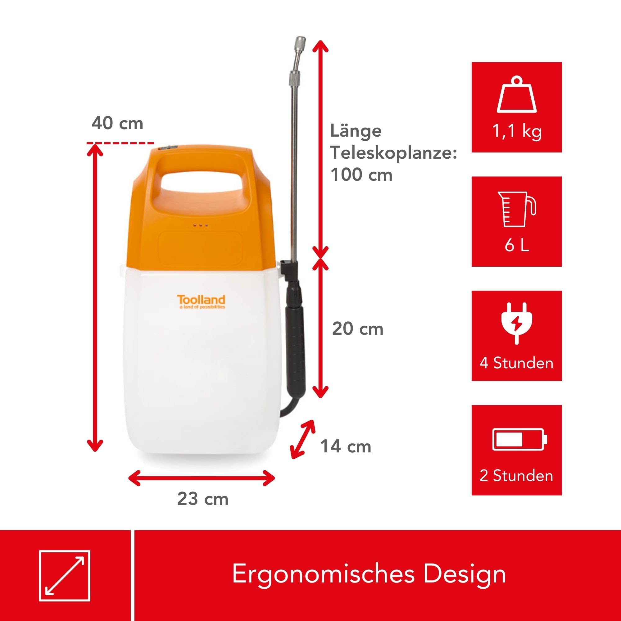 Toolland Elektrischer Drucksprüher 6L mit Lithium-Akku, Teleskoplanze und Verstellbarer Edelstahldüse. Ideal für Pflanzen, Unkrautbekämpfung und Terrassenreinigung 6