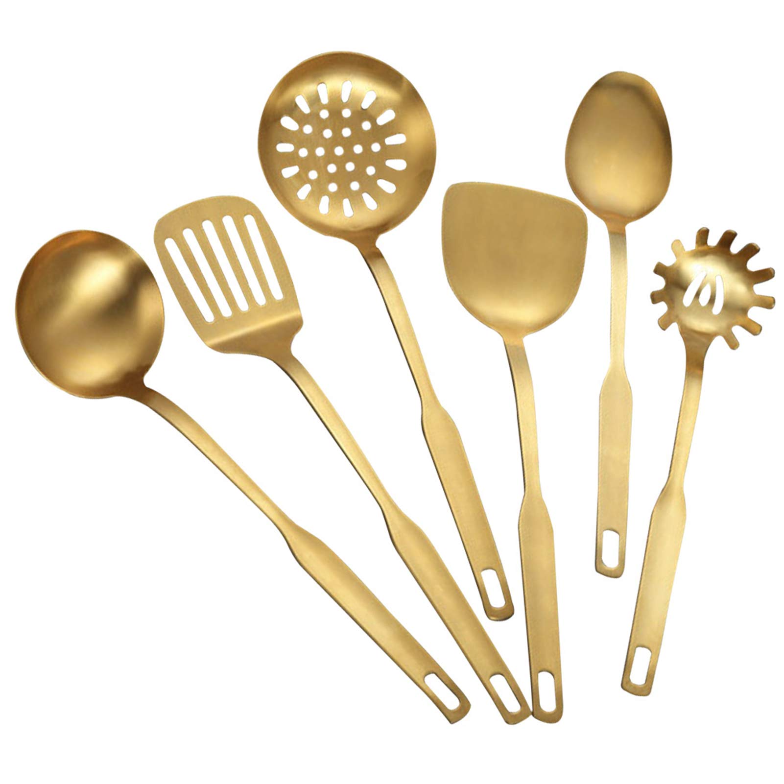 Fengshengli Kitchenware Set 6pcs Cooking Tools Portable Kitchen Accessories Stainless Steel Non-stick Dishwasher Safe Home Restaurant Hanging Hole Heat Resistant Spatula Serving Spoon(Gold)