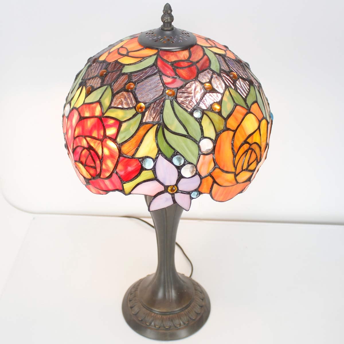 4MYHOME Tiffany Lamp Stained Glass Table Lamp Red Rose Flower Bedside Desk Reading Light 12X12X22 Inches Decor Bedroom Living Room Home Office S001 Series - Image 4
