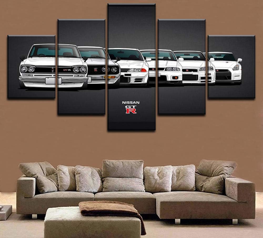ZBYZZZY Large 5 Pieces White Skyline Car Cool Sports Car Retro Modern Canvas Print Wall Art Painting Decor for Home Decoration Picture for Living Room-Framed