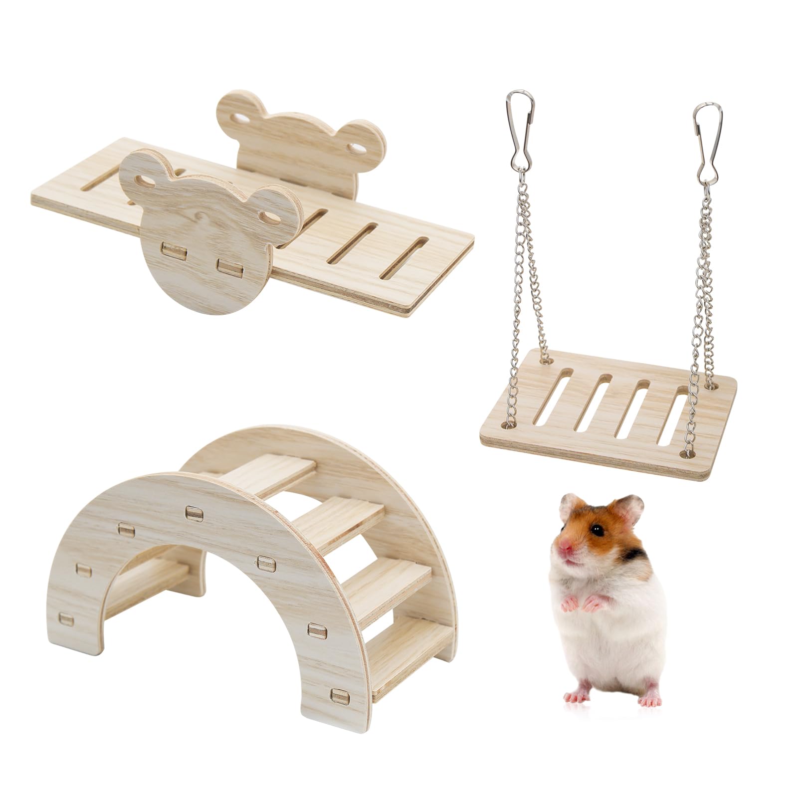 LuckyOpt 3 Pcs Hamster Toys, Wooden Hamsters Swing & Bridge & Seesaw DIY Hamster Cage Accessories Boredom Breaker Activity Toy, Small Pets Play and Exercise Toys for Hamsters, Rodents, Gerbils (A)