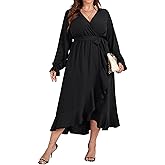SCOMCHIC Women Plus Size Formal Dresses Fall Long Sleeve Faux Wrap V Neck High Low Ruffle Cocktail Wedding Guest Maxi Dress