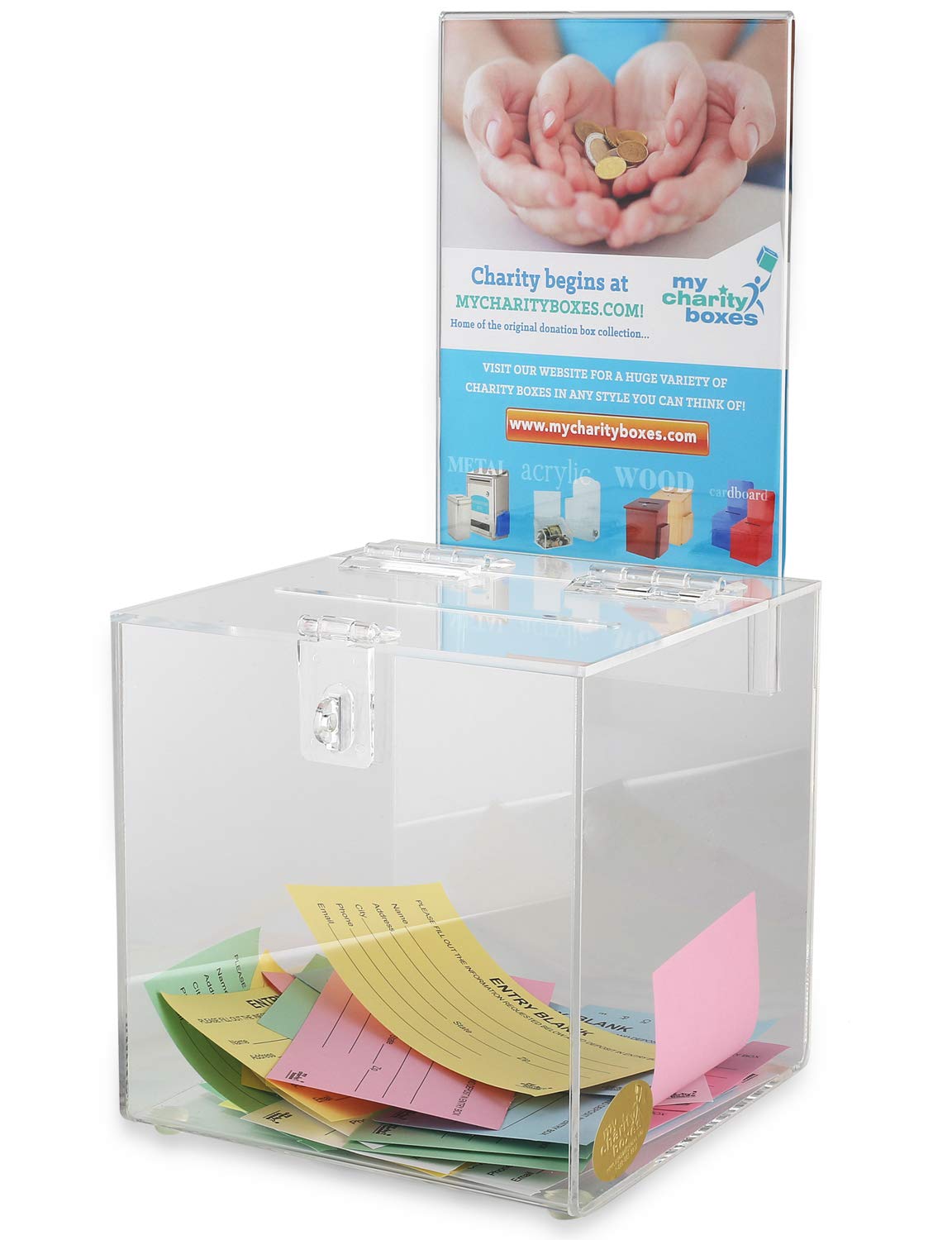 Buy Acrylic Raffle Box with Lock and Sign Holder, Charity Donation And