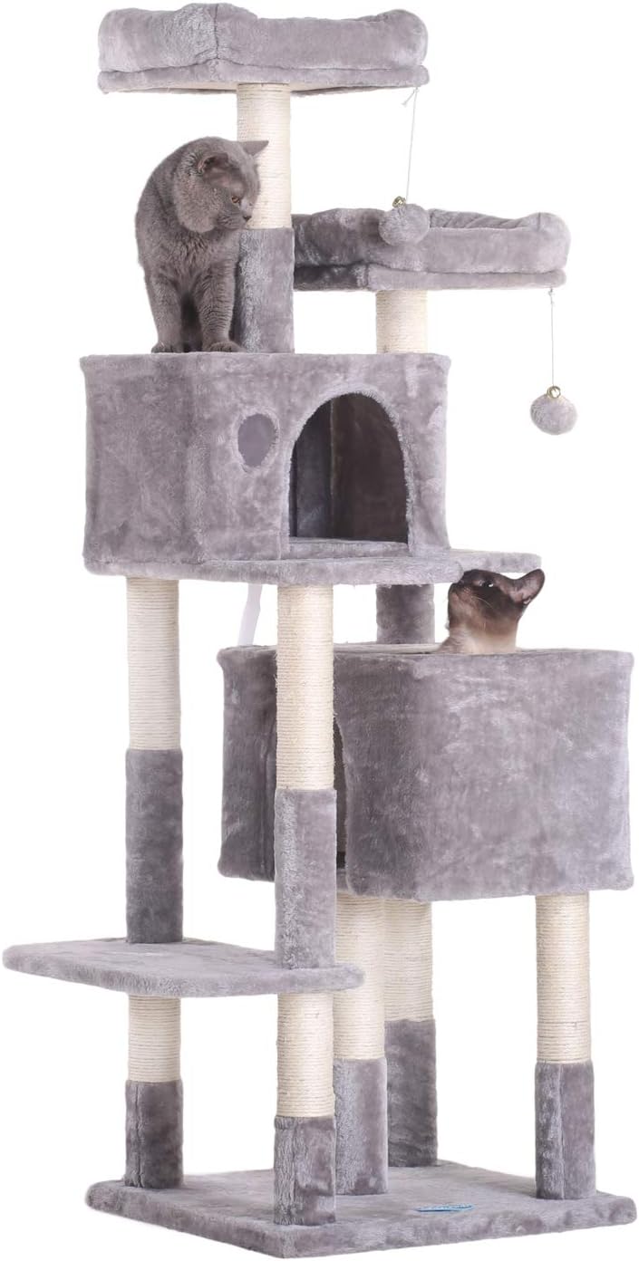 Hey-bro 60 inches Large Multi-Level Cat Tree Condo Furniture with Sisal-Covered Scratching Posts, 2 Plush Condos, 2 Plush Perches, for Kittens, Cats and Pets, Light Gray MPJ012W : Pet Supplies