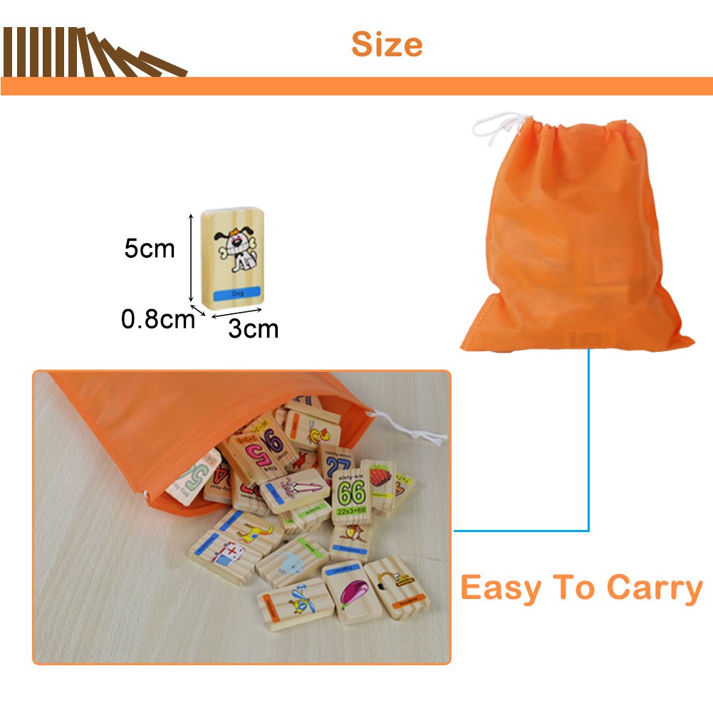 Akokie Wooden Toys Dominoes 100 Pcs Wooden Building Blocks Stacking Toys with Numbers Bag Storage for Kids 3 4 5 6 Years Old