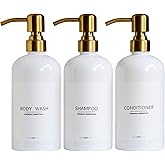 Luxury Shampoo and Conditioner Dispenser Set of 3 - Modern Refillable Shower Soap Bottles with Stainless Steel Pump, Body Wash Dispensers for Bathroom Decor Upgrade (White Bottles+Gold Pump)
