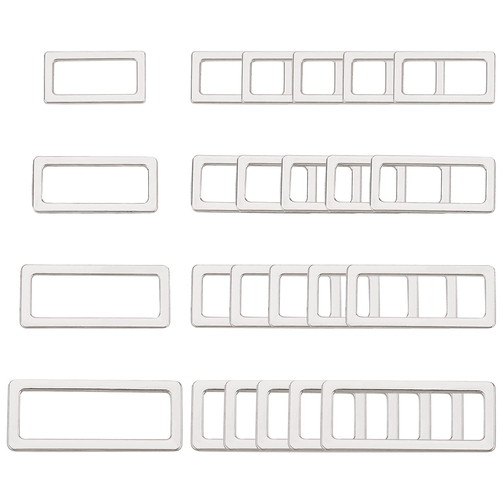 WADORN 32pcs Metal Rectangle Rings Buckle, 4 Sizes Webbing Strap Loops Webbing Square Buckle Rectangular Buckle Loop for Handbag DIY Accessories and Bag Making Repairing, Platinum