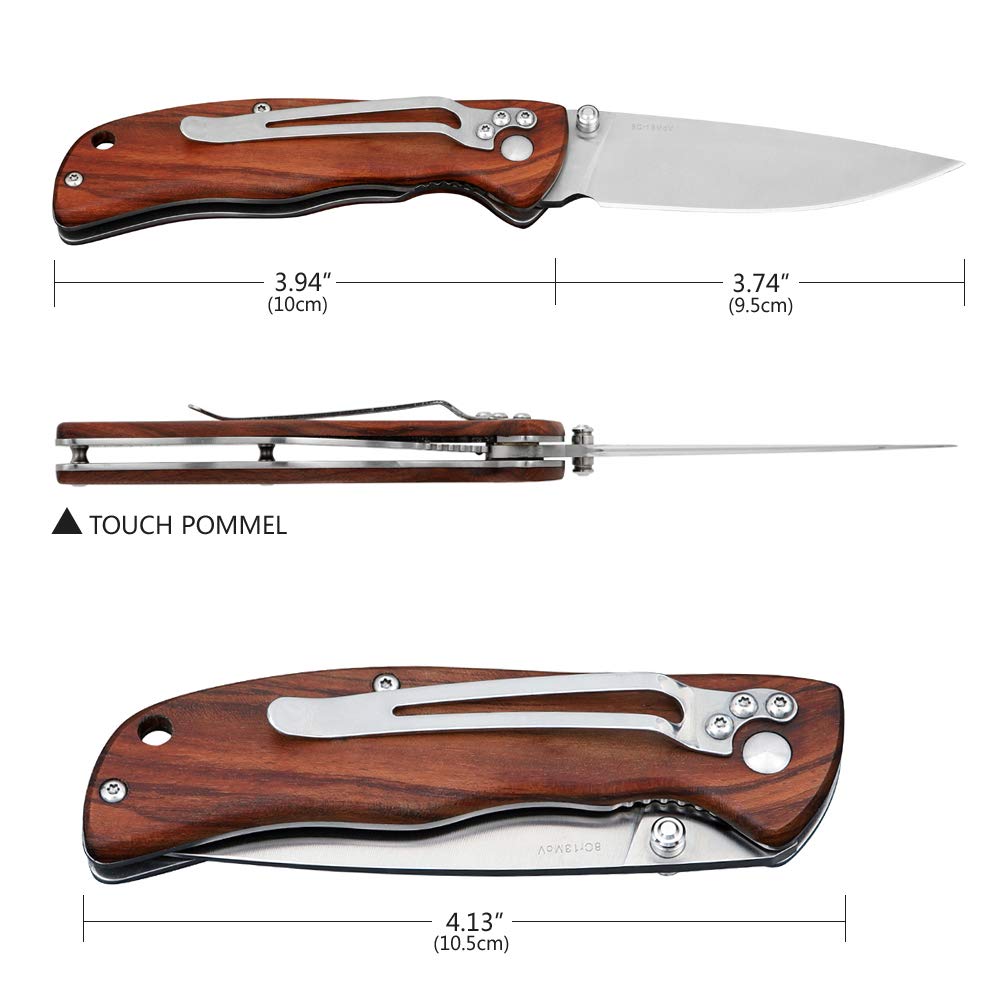 Liner Lock Folding Knife with 8Cr13MoV Stainless Steel Blade, Brown Wood Handle, Belt Clip Outdoor Hunting Camping Tactical Tool EDC Pocket Knives