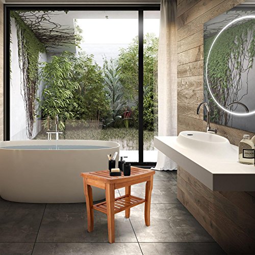 Fashine Multi-Functional Anti-Slip Waterproof 2 Tier Bathroom Bamboo Bench with Shelf Stool Storage Shelving Unit