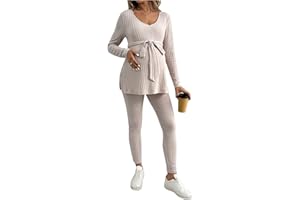 MakeMeChic Women's Maternity Clothes 2 Piece Outfit Long Sleeve V Neck Belted Tops and Leggings Pregnancy Set