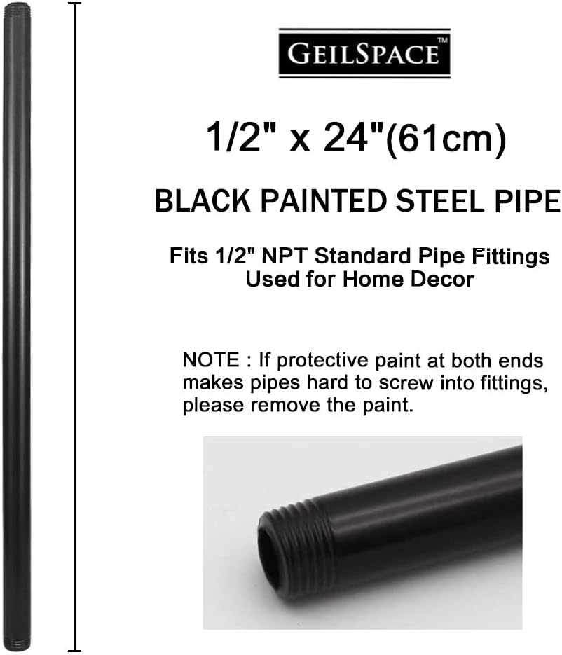 GeilSpace 6 Pack 1/2" × 24" Pre-Cut Black Metal Pipe, Industrial Steel Fits Standard Half Inch Black Threaded Pipes and Fittings - Vintage DIY Industrial Shelving (1/2" × 24", Black) - - 